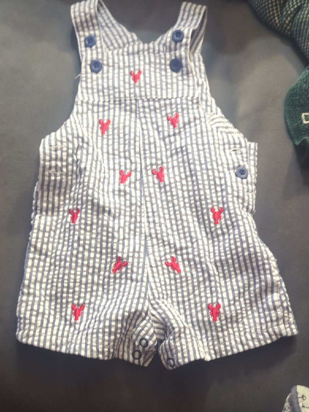 Striped Seersucker Baby Shortalls with Red Lobster Embroidery